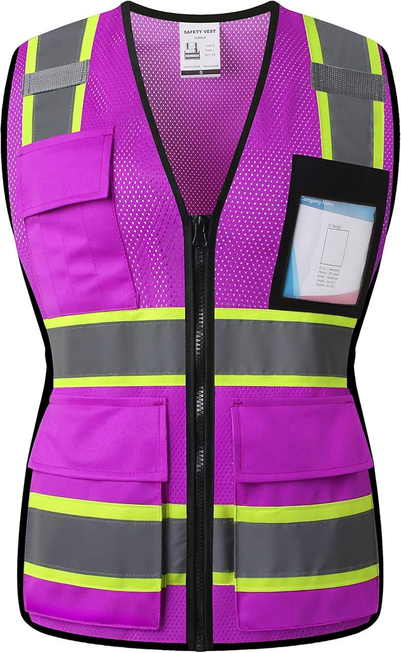 HATAUNKI Safety Vest for Women High Visibility Vest with 8 Pockets and Front Zipper Mesh Reflective Vest Meets ANSI/ISEA Standards(Purple-17, Small) - Image 1